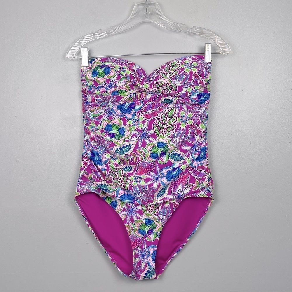 Stella Parker pink blue floral strapless ruched 1 piece swimsuit, large.